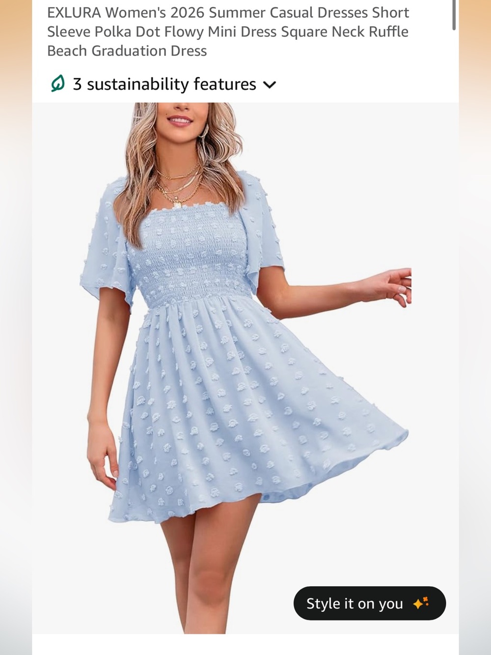 Exlura Summer Light Blue Swiss Polka Dot Square Neck Mini Beach Dress Size XL 🩵